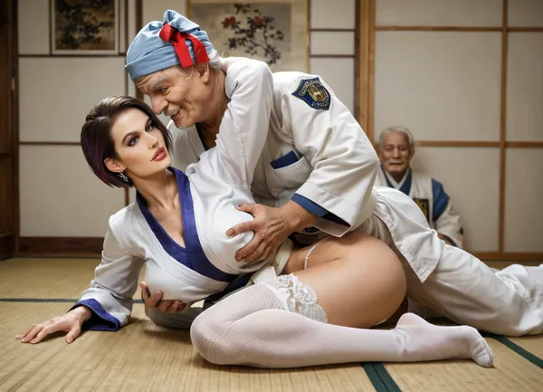 ((Old man grabs her breasts from behind)), old man, (white judo uniform), Fully clothed, (Judo matches with old man), on the tatami mat, (Normal natural breasts), (beautiful boobs), (white garter stockings), (bottomless only white lace thong), (isabella valentine), (tomboy), (jill valentine), large breasts, (Hands above head)