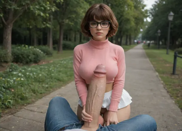 petite young Velma in in park, skinny face, fully dressed, pink sweater, tight sweater, beautiful realy young woman in extremely short miniskirt, wide hips, small waist, naked shaved pussy, godpussy, microskirt, she wears white skirt, she grabs your flaccid dick sticking out of your pants, penis between her thighs, she is grabbing penis, your penis is in her skirt, flirting with you, looking back, POV male, clothed with dick out, he wears jeans, 1boy1girl, (massive dick:1.5), view from above, standing, <lora:MicroSkirt_XL:.8>