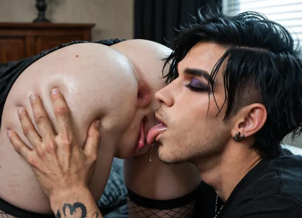 Close-up of anilingus, close-up of the face of a 25yo emo, ((boy)), licking an anus, he passionately licks the ass, boy licks ass, ((boy licks exposed anus)), he is licking the ass, emo, gothic, tattoos, slim, sex, 25 years old, boy's licking face on focus, dark bedroom, close-up of ass licking, boy