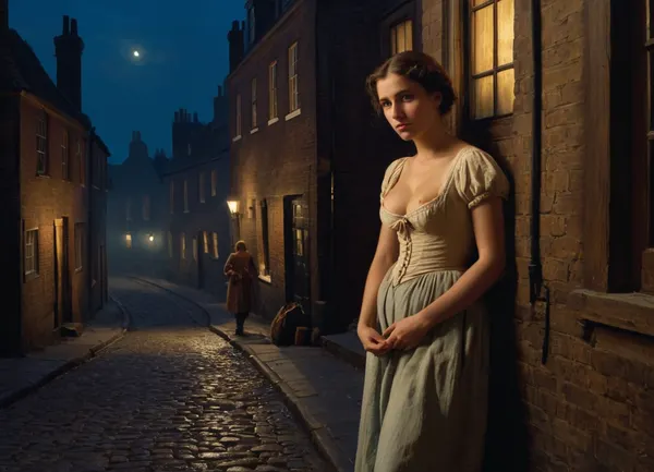 (historical oil painting about 1860), young, (big eyen, small mouth), woman in historical dirty streets of london, ragged and dirty clothes, She's a hooker, leaning on the wall of a guesthouse in London in the night, one breast exposed, men's walking by, woman look sad, view from distance, (oil painting in Aivazovsky style, night, nighttime, low lighting, highly detailed figure, at night, darkness)