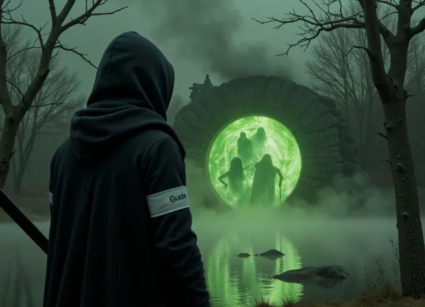 Spectral guide, weary man, vigil at green portal lost souls emitting eerie smoke, Hooded black cloak, black staff. A white armband on a sleeve, bearing the inscription, "Guide". Oval green portal swirls with ghostly figures. Black river reflects glow. Dark, atmospheric style, (Caspar David Friedrich), chiaroscuro lighting. Skeletal trees, starless sky. Rough cloak, smooth staff, viscous river, ethereal forms. Dark palette, black, green, amber glow.