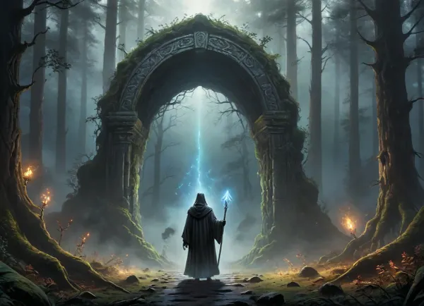 Modern colored pencil sketch, In a dark and mysterious forest, shrouded in fog, there is an ancient portal, sparkling with a mysterious light. Its arch, carved from black stone, is covered with moss and mysterious runes that whisper forgotten spells. There is a slight tremor in the air, and it seems that nature itself is holding its breath. Next to the portal, in the semi-darkness, the Ghost Guide appears, a figure shrouded in translucent light. His silhouette resembles a man, but his facial features are blurry, as if he is made of smoke and shadows. A long cloak fluttering in the wind shimmers with all the colors of the rainbow, as if catching light from other worlds. In his hands he holds an ancient scepter, decorated with a crystal that glows with a soft blue light. The Ghost Guide extends his hand to the lost souls who circle around the portal, full of hope and fear. Their faces reflect longing and anticipation, as if they are waiting to take a step into the unknown. The stars twinkle in the background, and in the sky above the forest, silhouettes of other worlds are visible, mysterious contours that beckon and call. The fog spreads along the ground, and in it you can discern the images of those who have left this world, their eyes full of light sadness. The whole scene is filled with a mystical light and an atmosphere of magic, where the border between worlds becomes thin as a web. This picture is a moment on the edge, when souls meet a guide ready to lead them into a new, unknown world, in the style of john harris, atmospheric cinematic, detailed, intricate render rendered in octane, dim lighting, 8k, volumetric-lighting, colored, contrast, tone, texture, details, stylish, elegant, <lora:outline_xl_kohaku_delta_spv5x:.8>, <lora:xl_more_art-full_v1:.8>, <lora:add-detail-xl:.8>, }.