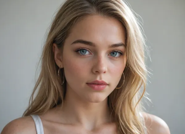 ((photorealistic close-up portrait)), young woman, bust shot, facing camera, neutral calm expression, studio setting, high detail, ultra sharp focus, 8k, DSLR style, f/2.8, 2
oval face, fair smooth skin with subtle pink undertone, natural skin texture, no makeup look, soft beauty lighting, 2
medium-length ash blonde hair with subtle golden highlights, middle part, slightly wavy, natural loose strands, 2
large light green-gray eyes, sharp iris detail, direct gaze, subtle catchlight, 2
natural eyebrows, medium thickness, gently arched, blonde/light brown, 1.5
straight proportional nose, softly rounded tip, 1.5
medium lips, natural soft pink tone, no lipstick, 1.5
thin silver hoop earrings visible, 1
thin black strap top on shoulders, minimal clothing detail, 1
right hand lightly touching hair near face, natural nails, 1
soft diffused front lighting, cinematic studio look, minimal shadows, seamless neutral gray background, shallow depth of field, bokeh, 2