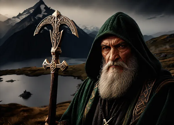 A wise old man, the Norse god Odin, wearing a green hooded cloak, with a thick beard and piercing eyes, (one eye hidden by a black patch), holds a carved staff. Two realistic black ravens with open beaks sit on his shoulders. The old man is set against a backdrop of wide, open mountainous and marshy terrain with ponds and snow-capped mountains on the horizon. Next to him is a huge stone carved with the, (rune Ansuz:1.7), . Digital painting, fantasy art inspired by Norse mythology. Dramatic lighting emphasizes the old man's face. Medium shot, chest-level angle showing details of the old man and ravens, as well as part of the expansive landscape. Detailed rendering of the face and beard, mystical atmosphere, realistic textures of the ravens and staff, melancholic colors, expressive features.
