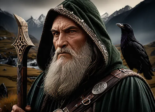 A wise old man, the Norse god Odin, wearing a green hooded cloak, with a thick beard and piercing eyes, (one eye hidden by a black patch), holds a carved staff. Two realistic black ravens with open beaks sit on his shoulders. The old man is set against a backdrop of wide, open mountainous and marshy terrain with ponds and snow-capped mountains on the horizon. Next to him is a huge stone carved with the, (rune Ansuz:1.7), . Digital painting, fantasy art inspired by Norse mythology. Dramatic lighting emphasizes the old man's face. Medium shot, chest-level angle showing details of the old man and ravens, as well as part of the expansive landscape. Detailed rendering of the face and beard, mystical atmosphere, realistic textures of the ravens and staff, melancholic colors, expressive features.