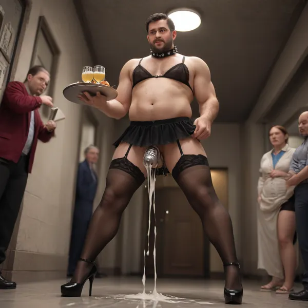 skinny sissy gay men wearing glasses, wearing large black satin push bra, metal collar, wearing bag over his shoulder, naked sissy gay men is wearing metal collar, sissy gay men is wearing metal and leather collar, sissy gay men is standing holding a tray with champagne flutes in his right hand, and holding a tray with champagne flutes the left hand, while he is watching a fat man fucked by an very fat old man, man with a large monster thick penis, view from rear perspective, hairy arms, hairy chest guy, sissy gay men wearing black wide see trough sheer push bra, 55 years old, black short haircut, wide sheer garter straps, wearing wide see trough sheer push bra, (black sheer shiny stockings:1.2), lace ruffle gloves, he wearing very high heels platform fetish stiletto shoes, his penis in metal chastity cage device, lot of cum leaking out from penis chastity cage, white lace satin lingerie clothing with see trough sheer ruffle mini skirt, sissy gay men is humiliated while watching other men monster penises, surrounding by ten fat with huge thick erected monster penises, covered in cum, cum on stomach, cum on face, cum on pecs, cum on thighs, cum everywhere, excessive hyper cumshot, cum spraying everywhere, cum on chest, cum on clothes, cum on abs, cum on head and hair, massive cum, hyper cum, hyper cum everywhere, excessive cum.