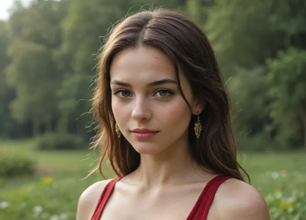 Her face has a harmonious balance of softness and clarity, with realistic proportions that make her appearance approachable and elegant. The overall structure is oval, slightly elongated, with smooth contours that create a natural transition from the forehead to the chin. Her complexion is light and even, with a healthy matte quality and a soft glow where the sunlight touches her skin.

The forehead is high, smooth, and well-proportioned, giving balance to the upper part of her face. Her eyebrows are dark, full, and expressive, with a natural arch that frames her eyes beautifully. They enhance the liveliness of her expression without seeming artificial.

Her eyes are, set at a natural distance, and appear deep brown, nearly black under bright light. They reflect subtle highlights, making them vivid and realistic. The eyelashes are dark and of medium thickness, framing her eyes without hyperbole. Together, her gaze communicates warmth, kindness, and quiet confidence.

Her nose is proportionate and straight, blending smoothly with the rest of her features. It is neither sharp nor wide, sitting naturally within the balance of her face.

Her lips are softly curved, with the lower lip slightly fuller than the upper. Their natural symmetry creates an inviting appearance. When she smiles, the corners of her lips curve upward in a warm and genuine way. Her teeth are straight and bright, visible through her gentle smile, and they add vitality to her expression.

Her hair is long, dark brown to nearly black, straight, and flowing beyond her shoulders. It looks smooth, with a natural shine and a healthy volume. A slightly off-center parting gives a casual and lifelike touch. Some strands are lifted by the breeze, creating movement. Resting casually on her head is a pair of sunglasses, adding and an everyday relaxed feel.

Her skin has a soft golden undertone that harmonizes with her hair and the burgundy top she wears. It looks natural, without heavy makeup, and illuminated gently by sunlight. The lighting creates highlights across her cheeks, forehead, and chin, while delicate shadows under her jawline provide depth.

She is dressed in a sleeveless burgundy top, simple but well-fitted, which contrasts elegantly with her complexion. The outdoor setting enhances realism, behind her is a clear blue sky with a few clouds, providing soft natural light that her features without harshness.

Her expression communicates calmness, openness, and confidence. The slight tilt of her head, combined with her warm smile, creates a natural and inviting impression. Each detail—from the texture of her skin to the brightness of her eyes—feels authentic, as though captured in a candid outdoor .