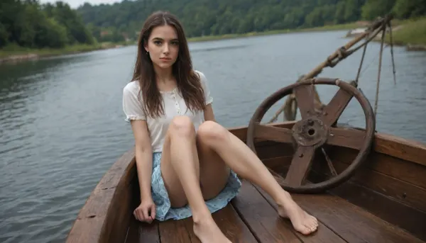 Photorealistic, wide angle, full body view, long brunette hair with a fringe, Cute girl, straight long hair, sits in a boat, river, shows upskirt pussy NEGATIVE_HANDS