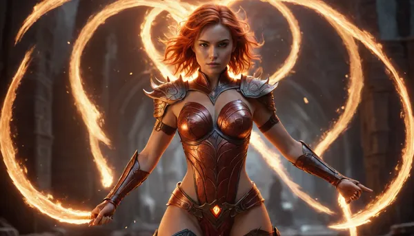 18+ adult woman, full body, empowered by Emberflux flames — molten, flowing red-orange fire that behaves like liquid, wrapping around her arms and legs, forming temporary crystalline armor and sharp ember-like weapons, sparks floating around her glowing like living fire, illuminating her fierce confident expression, short windswept hair with fiery highlights, revealing minimal armor that barely covers intimate areas, with strategic straps and glowing ember patterns accentuating her curves, dynamic pose with one hand summoning molten whips and the other forming a shield of hardened ember crystals, glowing embers swirling around her body, background dark with faint smoke and glowing particles, intense dramatic cinematic lighting, highly detailed, realistic textures, fantasy concept art, fire reflections on skin and armor, fantasy warrior, elemental magic, 18+ adult look, NSFW provocative outfit.