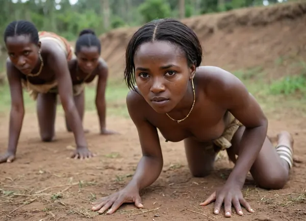 3 60yo native Women of Ruanda, traditional cloth, flashing, tiny tits, tear drop tits, crawling on all fours, head on the ground, hairy vagina, focus on vagina