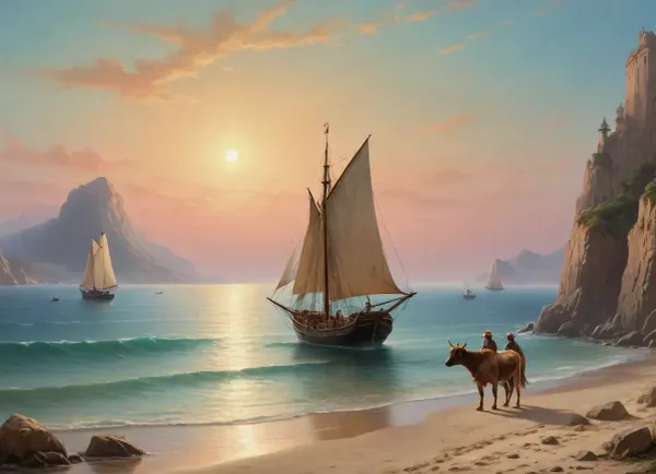 The painting is in the style of the Russian artist Ivan Konstantinovich Aivazovsky.In the central part of the canvas there is a sailboat standing on a raid near the walls of the Genoese fortress. The rays of the rising sun turn the sails of the ship pale pink. The turquoise expanse of the sea is calm, and the unfurled sails are reflected in it, as if in a mirror. In the foreground of the painting, on a sandy beach near the sea, the viewer sees a cart pulled by two oxen and a boat approaching the shore. Near the cart and boat, the author depicted local residents dressed in national costumes.
In the haze of morning fog, the outlines of sailboats standing in the bay are barely discernible. The rays of the sun rising over the mountains fill the sky, the peaks of the rocks and the sea near the horizon with a warm lemon yellow color.
In the misty haze on the tops of the coastal cliffs, you can see the ancient towers of the ancient Genoese fortress.
The painting is imbued with lyrical romanticism, which is especially felt on Aivazovsky's canvases, painted in the so-called oriental taste.