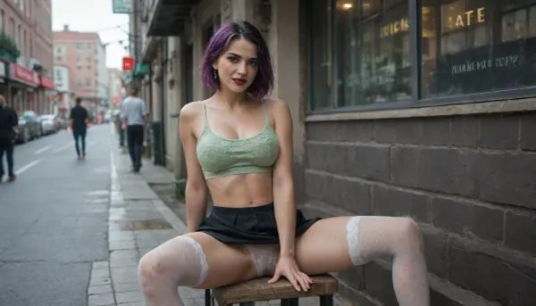 in a street cafe, a woman standing with black hair with purple highlights, mid-length bob cut, with a green tank top without a bra, short black skirt with white fishnet stockings, with very disgusting, dirty, transparent white lace panties filled with sperm, intense red lipstick, sinister smile, sitting with open legs, very thin and muscular stomach