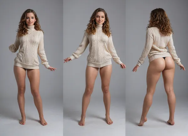 full portrait of woman, ((Little Caprice European princess of 18 years old)), chestnut hair, fair skin, ((gymnast body)), cheeky smile, ((high detailed skin)), high quality, detailed skin texture, (highly detailed hair), (realistic), soft focus, insanely detailed, highest quality, ((beautiful sweater and leggins)), (wide hips), big hips, thick thighs, big round ass, chocker on neck, leggins, virgin, destroyer, sweater