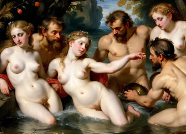 (Peter Paul Rubens Style:1.5), masterpiece, full color image, 8K quality, epic oil painting, "Nymphs and Satyr", in the style of artist William Bouguereau, The painting depicts a group of nymphs who, bathing naked in a secluded pond, discovered a voluptuous satyr peeping at them. Surrounding him from all sides, they drag the satyr, who is resting his hooves into the water.
Recognizing the high quality of Bouguereau's academic style, critics noted the "aristocratic seductiveness" of the nymphs after the painting appeared. One of the critics wrote that they
... lovely, slender and elegant, like Parisian ladies of high society… I'd say they're too adorable. It seems that they have just left the beauty salon, and Atlasthe incredible tenderness of their skin could only be achieved through regular bathing in almond milk.In Greek and Roman legends, satyrs and their doppelgangers-fauns, sylvanas, Silenus, and pan-appeared most often as pranksters, buffoons, cowards, drunkards, sensualists, deceivers, and libertines. In the Christian tradition, they began to be associated with the devil. Satyrs are the constant companions of dryads. They represent a group of forest deities, fertility demons, always cheerful, full of strength. These goat-footed creatures inhabited the Greek islands in great numbers., <lora:Peter Paul Rubens Style:1.3>