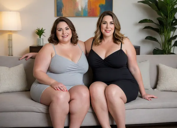 In this inviting and warm image, two ssbbw mature women are seated on a plush, light grey ottoman or bench that serves as a focal point in a tastefully decorated living room. Both women are facing forward, engaging the viewer directly with a friendly and seductive gaze.
The bbw woman on the left has long, wavy dark brown hair that cascades over her shoulders. She is wearing a tight, deep maroon slip dress that accentuates her figure, with a high slit revealing part of her leg. Her left arm is resting comfortably on her lap, while her right arm is slightly bent at her side. She has a confident smile, and her eyes convey a sense of playful allure. Her makeup is natural, highlighting her features.
The bbw mature woman on the right has lighter, dark-blonde hair with highlights that also flows past her shoulders. She is adorned in a tight black slip dress with thin straps. Her pose mirrors her companion's, with her hands resting gently on her lap. She offers a more subtle, yet equally captivating, smile and direct eye contact.
Both women share similar facial features, suggesting a familial resemblance or a close friendship. Their expressions are open and inviting, contributing to the overall sexy and welcoming mood of the scene. They in their mid-50s, 55 years old, exuding maturity and confidence.
The background of the image features a contemporary living room with a sophisticated ambiance. Behind the women, a comfortable-looking grey sofa is visible. On either side of the sofa, two identical table lamps with warm, glowing shades cast a soft, ambient light, illuminating the space. Above the sofa, a large piece of abstract art with neutral tones and geometric shapes hangs on the wall, adding a touch of modern elegance. The lighting is soft and flattering, creating a well-lit and intimate setting that enhances the inviting atmosphere. The overall mood is one of subtle sensuality and comfort.