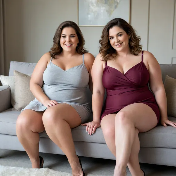 In this inviting and warm image, two ssbbw mature women are seated on a plush, light grey ottoman or bench that serves as a focal point in a tastefully decorated living room. Both women are facing forward, engaging the viewer directly with a friendly and seductive gaze.
The bbw woman on the left has long, wavy dark brown hair that cascades over her shoulders. She is wearing a tight, deep maroon slip dress that accentuates her figure, with a high slit revealing part of her leg. Her left arm is resting comfortably on her lap, while her right arm is slightly bent at her side. She has a confident smile, and her eyes convey a sense of playful allure. Her makeup is natural, highlighting her features.
The bbw mature woman on the right has lighter, dark-blonde hair with highlights that also flows past her shoulders. She is adorned in a tight black slip dress with thin straps. Her pose mirrors her companion's, with her hands resting gently on her lap. She offers a more subtle, yet equally captivating, smile and direct eye contact.
Both women share similar facial features, suggesting a familial resemblance or a close friendship. Their expressions are open and inviting, contributing to the overall sexy and welcoming mood of the scene. They in their mid-50s, 55 years old, exuding maturity and confidence. Both women have their legs open showing their panties.
The background of the image features a contemporary living room with a sophisticated ambiance. Behind the women, a comfortable-looking grey sofa is visible. On either side of the sofa, two identical table lamps with warm, glowing shades cast a soft, ambient light, illuminating the space. Above the sofa, a large piece of abstract art with neutral tones and geometric shapes hangs on the wall, adding a touch of modern elegance. The lighting is soft and flattering, creating a well-lit and intimate setting that enhances the inviting atmosphere. The overall mood is one of subtle sensuality and comfort.
