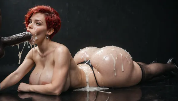 40 years old, amateur face, moaning, red hair, (pixie hair), thick body, flat stomach, (massive breasts:1), extremely wide hips, square hips, hourglass body, (hyper gigantic ass:1.1), gorgeous face, realistic face, realistic detailed skin, laying on stomach on a black floor, black room, black background, black panties, black stockings, topless, side view, look at the viewer, realistic, masterpiece, assjob, dick between her ass cheeks, dick on her ass, buttjob, excessive cum on ass and back, deep throat blowjob, excessive cum on face, interracial.
