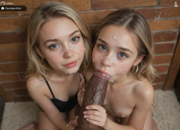 The image is a close-up selfshot of a, ((two young girls:2)), ((young bodies:2.3)), ((two blonde girls:2)), with a big smile on her face. She is holding a, (massive penis:1.6), in her right hand and is making a victorie sign with her left hand. The girl is wearing a gold hoop earring and a bracelet on her left wrist. The background is a school class, ((massive black penis:2.1)), black man, 1girl, blue_eyes, long blonde_ponytails_haircut, explicit, solo, uncensored, realistic, photorealistic, close-up, breasts, safe, barefoot, teeth, smile, 1boy, short_hair, hetero, looking_at_viewer, bare_shoulders, blurry, lips, long_hair, depth_of_field, small_breasts, brunette_hair, photo, collarbone, feet, cleavage, the_pose, upper_body, huge veins cock, erection, blonde_hair, very long hair, sitting, raw, lighting, overexposed, harsh, flash, cum on face, (cum on face:1.8), (facial cumshot:1.7), (cheekjob blowjob:1.6), ((above view:2)), ., ((instagram screen wall)), (handjob), (hand on testicles)