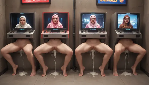 score_9, score_8_up, score_7_up, score_6_up, (lineup of sluts stuck in round opening in machines with metal rim:1.3), (spread legs restrained with thick metal rim:1.1), oiled skin, ripped white clothes, after sex, trembling, {{steamy pussy}}, cum in pussy, cum inside, cum leaking out of pussy, cum on ass, excessive cum, pussy juice dripping down to the floor, (big photo of her face on the screen of the machine:1.5), {{trembling}}, rolled up her skirt, glory wall, leaking cum, steamy pussy, (object), public display public, (use pussy stuck hole in arcade machine), (arcade machines lined up), (arcade gaming hall), wall writing, concrete wall, Muslim girl, pink hijab, (evenly spaced out lineup of free-standing metal boxes), (evenly spaced out stand-alone full-height metal boxes), (vintage vending machines)