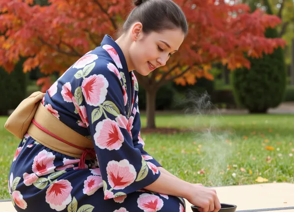 A close-up shot of a tea ceremony master in an autumn garden, focusing on her face and hands as she prepares matcha tea. She is dressed in a traditional floral kimono, kneeling on a tatami mat. The background shows the vibrant autumn foliage of the garden with red and orange maple trees. The evening sunlight light is soft and diffused, highlighting the intricate details of her hands and the serene expression on her face. The steam rising from the tea is visible. The style is highly detailed and realistic, emphasizing the delicate textures of the kimono and the peaceful atmosphere