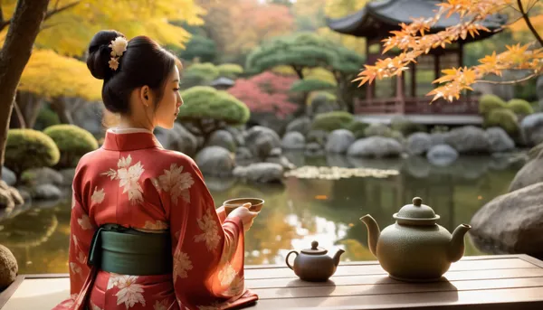 (best quality, masterpiece:1.2), (photorealism:1.3), traditional Japanese art, beautiful calm Japanese woman, (sitting on tatami:1.1), profile, from behind, full height, dressed in an exquisite, (light kimono with a floral pattern:1.2), with a detailed design, (traditional Japanese hairstyle:1.1), (holding a teapot:1.4), performing a tea ceremony, (looking at a lush autumn Japanese garden:1.4), (Zen garden with a pond and stones:1.2), (autumn maples and other trees), intricate stone lanterns, (yellow and red foliage:1.1), (green bonsai:1.3), soft natural light, warm sunlight, (sunlight filtering through trees:1.1), spotted light, shallow depth of field, sharp focus on the woman and foreground, blurred background, bokeh, peaceful atmosphere, tranquility, tea ceremony set, traditional Japanese interior, shoji screens, wooden frames, morning light, golden hour, cultural, serene, high detail, complex textures, profile view