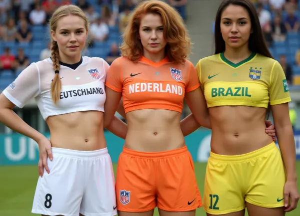 realistic photo, fullbody, closeup. three female athletes in the stadium, see through clothes. On the extreme left is a German, slim, woman, with blonde hair, french braid, olympic soccer player. she wears full sport clothing, wears completely transparent white soccer uniform with text "DEUTSCHLAND". On the middle left is a dutch female olympic soccer player. She has culry red hair and wears completely transparent orange soccer uniform with text "NEDERLAND". On their right is a Brazilian female olympic soccer player, with dark hair, dark skin, completely transparent yellow soccer uniform with text "BRAZIL"