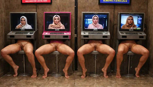 (cum dripping from pussy), realistic cum, transparent liquid, (beautiful hijab woman on screen:1.2), extreme amounts of cum flowing from pussy, gaping pussy, (creampie:1.2), (wet skin:1.2), (oily skin:1.2), squirting, highly detailed faces of Muslim women wearing hijab depicted on screens