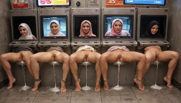 (cum dripping from pussy), realistic cum, transparent liquid, (beautiful hijab woman on screen:1.2), extreme amounts of cum flowing from pussy, gaping pussy, (creampie:1.2), (wet skin:1.2), (oily skin:1.2), squirting, highly detailed faces of Muslim women wearing hijab depicted on screens
