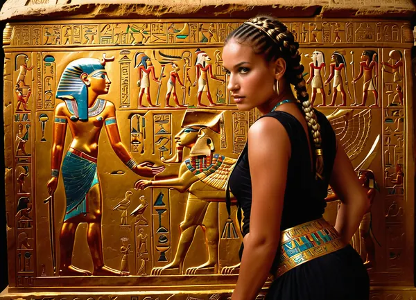Ancient Egyptian tomb, with a golden sarcophagus of a pharaoh in the center and bright hieroglyphics on the walls and ceiling, in the tomb of a pharaoh. A woman dressed as Lara Croft, wearing a black tight sleeveless top with a deep neckline and short black shorts, with holsters on her hips and two pistols, with short black gloves on her hands. She has a determined expression on her face. At her waist is a belt with a gold buckle. Her hair is braided into a long braid., ((stands behind the sarcophagus, nights hidden behind the sarcophagus, facing the viewer, slightly bent over)), (scrutinizes hieroglyphics on the sarcophagus lid:1.5), Photorealism inspired by classical Egyptology. Dramatic lighting, soft glow from the walls. Close-up Mid-Shot, portrait orientation. Intricate Details, Cinematic Atmosphere Angled, top-down view. Saturated colors, fine details, atmospheric, mysterious, historical, golden accents