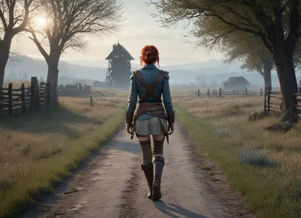A full body view of an elf hybrid survivor girl walking along a cracked road in Fallout inspired countryside, red hair tied in rough braids and bun, freckles across pale skin, high cheekbones, sharp jawline, thin lips, pointed ears, detailed face, sleeves rolled up to show bare arms and part of shoulder, wearing layered worn fabrics, patched jacket partly open, rugged pants, leather straps, belts with pouches, reinforced boots, fingerless gloves, handmade trinkets, glowing runes drawn across cloth, carrying a small backpack and utility belt, holding an energy bow glowing with soft blue light, moving forward with determined stride as if searching for shelter, road surface broken with grass pushing through, remains of wooden fence nearby, scattered trees and wild plants, far ruined farm house, old rusted tower under faint orange haze across distant sky line, cinematic mood, epic and tense feeling, strong directional lighting, volumetric light, ultra detailed, hyper realistic, 8k, photoreal look, masterpiece, sharp focus, fine intricate detail, concept artwork, HDR, post collapse world, fantasy mix, realistic textures, dramatic digital art