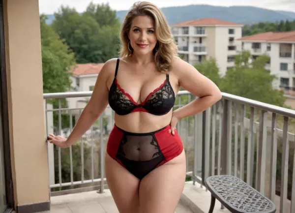 Mature, sexy 55-year-old, dark blonde, fair skin, tall, long hair, very glamorous, large hoop earrings, necklace, very wide hips, thick thighs, large culottes, very chubby and curvy, thick legs, large sagging breasts, large sagging tits, on the balcony, selfie, full-body shot, looking into the camera, sexy cheeky smile, sexy mules with heels, looking into the mules, charming, very hot and horny, sexy red and black lingerie with high waist, showing her front view from the side, cellulite legs, rear view, cheekily showing only one bare breast
