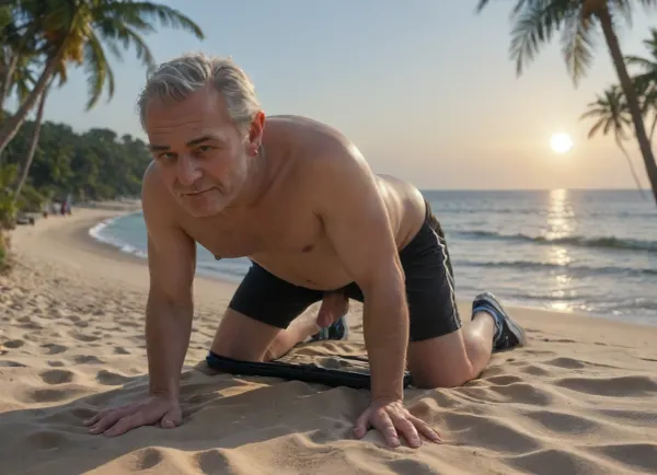 (young, cute, handsome guy 18 years old), (guy 18 years old in sexy sportswear, shorts pulled down to knees), (guy's short light-blond hair), (small penis visible between legs), (shorts pulled down to knees), (sea, sun, palm trees, sand), guy on all fours, ((old man fucks guy in the ass)), ((negro black old man fucks white guy))