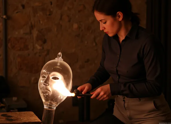 Masterpiece, high detail, highest quality, 8K resolution, (a woman glassblower, like a sorceress, conjures up fire and glass. She deftly manipulates the glowing glass mass on the glass tube, (called pontia), like a sculptor, giving it a shape, ((carnival mask))), her tools and skill to blow glass allow to create incredible in its beauty and complexity carnival Venetian masks, thin, openwork, from which, it seems, looks the very soul of the holiday. Every curve, every glare on the surface of such a mask is the result of painstaking labor, skill and inspiration of the glassblower.