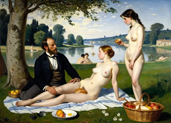 masterpiece, full color image, 8K quality, "Breakfast on the grass"— a painting by the French artist Edouard Manet, painted in 1863. two fully clothed men with a naked beautiful woman and a bathing girl in the background in nature, a naked woman shamelessly looks directly at the viewer, the style of the painting breaks with the academic traditions of the time. The harsh "photographic" light eliminates semitones, and the men are dressed like dandies. They're so engrossed in the conversation that they don't seem to notice the women at all. In front of them lies discarded women's clothes, a fruit basket and round bread. In the background, a second woman in light clothes washes in the river. The painting puzzles with the "wrong" perspective, an excessively large female figure in the background in an autonomously illuminated, unreal space. The background of the painting lacks depth, giving the impression that the whole scene is not taking place in nature, but in a studio. This impression is enhanced by the light, which gives almost no shadows. The painting is made with oil paints