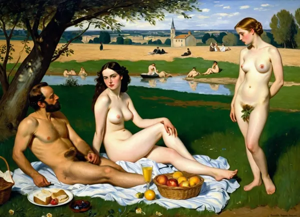 masterpiece, full color image, 8K quality, "Breakfast on the grass"— a painting by the French artist Edouard Manet, painted in 1863. two fully clothed men with a naked beautiful woman and a bathing girl in the background in nature, a naked woman shamelessly looks directly at the viewer, the style of the painting breaks with the academic traditions of the time. The harsh "photographic" light eliminates semitones, and the men are dressed like dandies. They're so engrossed in the conversation that they don't seem to notice the women at all. In front of them lies discarded women's clothes, a fruit basket and round bread. In the background, a second woman in light clothes washes in the river. The painting puzzles with the "wrong" perspective, an excessively large female figure in the background in an autonomously illuminated, unreal space. The background of the painting lacks depth, giving the impression that the whole scene is not taking place in nature, but in a studio. This impression is enhanced by the light, which gives almost no shadows. The painting is made with oil paints