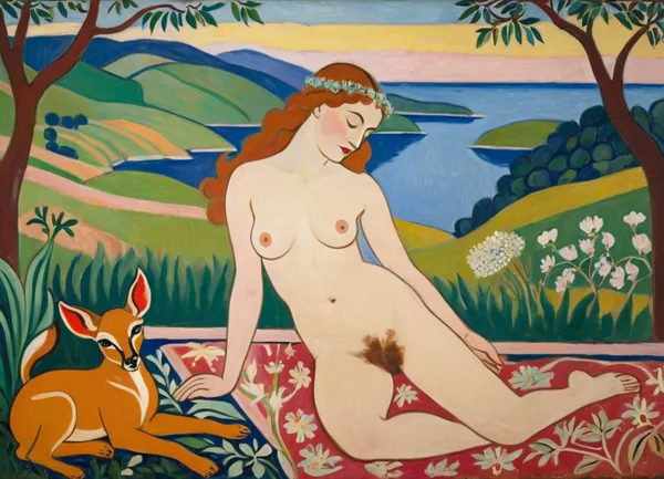 masterpiece, full color image, 8K quality, "Nymph and Satyr" by Henri Matisse, created in 1909.A fawn catching a nymph by surprise, the painting depicts naked bodies against a landscape background. The yellow-green plane of the earth in the foreground flows into the soft shapes of the hills in the background, their contours outlined by dark green lines. The aquamarine line of the reservoir separates the plans, from where, apparently, the nymph came out, to which the satyr lustfully rushes, the reddish color of the latter's body and the pale pink flesh of the nymph contrast sharply with the colors of the surrounding landscape. Laconism and graphicity in the drawing of figures evoke images from ancient vase painting and enhance the dramatic effect inherent in the expressive poses of the characters in the painting. The painting is painted with oil paints.is enhanced by the light, which gives almost no shadows. The painting is made with oil paints