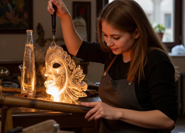 Masterpiece, high detail, highest quality, 8K resolution, workshop in Venice, (a woman glassblower, like a sorceress, works with fire and glass. She deftly manipulates the hot glass mass on a glass tube, (called pontia), like a sculptor, giving it the shape of a carnival mask, her tools and skill in blowing glass allow her to create incredible in its beauty and complexity carnival Venetian masks, thin, openwork, from which, it seems, looks the very soul of the holiday. Every curve, every glare on the surface of such a mask is the result of painstaking work, skill and inspiration of the glassblower. realistic soft lighting, super-detailing of what is happening.)