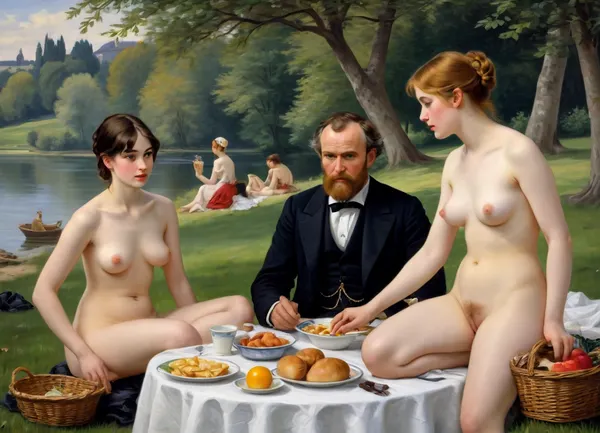 masterpiece, full color image, 8K quality, "Breakfast on the grass"— a painting by the French artist Edouard Manet, painted in 1863. two fully clothed men with a naked beautiful woman and a bathing girl in the background in nature, a naked woman shamelessly looks directly at the viewer, the style of the painting breaks with the academic traditions of the time. The harsh "photographic" light eliminates semitones, and the men are dressed like dandies. They're so engrossed in the conversation that they don't seem to notice the women at all. In front of them lies discarded women's clothes, a fruit basket and round bread. In the background, a second woman in light clothes washes in the river. The painting puzzles with the "wrong" perspective, an excessively large female figure in the background in an autonomously illuminated, unreal space. The background of the painting lacks depth, giving the impression that the whole scene is not taking place in nature, but in a studio. This impression is enhanced by the light, which gives almost no shadows. The painting is made with oil paints