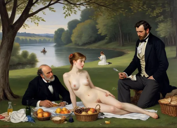 masterpiece, full color image, 8K quality, "Breakfast on the grass"— a painting by the French artist Edouard Manet, painted in 1863. two fully clothed men with a naked beautiful woman and a bathing girl in the background in nature, a naked woman shamelessly looks directly at the viewer, the style of the painting breaks with the academic traditions of the time. The harsh "photographic" light eliminates semitones, and the men are dressed like dandies. They're so engrossed in the conversation that they don't seem to notice the women at all. In front of them lies discarded women's clothes, a fruit basket and round bread. In the background, a second woman in light clothes washes in the river. The painting puzzles with the "wrong" perspective, an excessively large female figure in the background in an autonomously illuminated, unreal space. The background of the painting lacks depth, giving the impression that the whole scene is not taking place in nature, but in a studio. This impression is enhanced by the light, which gives almost no shadows. The painting is made with oil paints