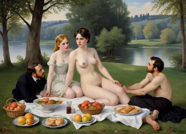 masterpiece, full color image, 8K quality, "Breakfast on the grass"— a painting by the French artist Edouard Manet, painted in 1863. two fully clothed men with a naked beautiful woman and a bathing girl in the background in nature, a naked woman shamelessly looks directly at the viewer, the style of the painting breaks with the academic traditions of the time. The harsh "photographic" light eliminates semitones, and the men are dressed like dandies. They're so engrossed in the conversation that they don't seem to notice the women at all. In front of them lies discarded women's clothes, a fruit basket and round bread. In the background, a second woman in light clothes washes in the river. The painting puzzles with the "wrong" perspective, an excessively large female figure in the background in an autonomously illuminated, unreal space. The background of the painting lacks depth, giving the impression that the whole scene is not taking place in nature, but in a studio. This impression is enhanced by the light, which gives almost no shadows. The painting is made with oil paints