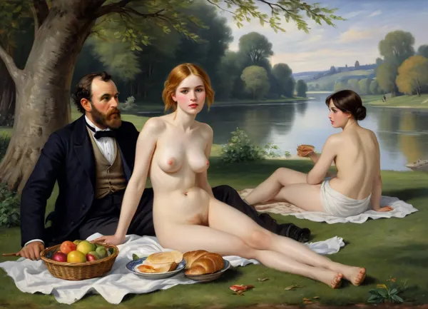 masterpiece, full color image, 8K quality, "Breakfast on the grass"— a painting by the French artist Edouard Manet, painted in 1863. two fully clothed men with a naked beautiful woman and a bathing girl in the background in nature, a naked woman shamelessly looks directly at the viewer, the style of the painting breaks with the academic traditions of the time. The harsh "photographic" light eliminates semitones, and the men are dressed like dandies. They're so engrossed in the conversation that they don't seem to notice the women at all. In front of them lies discarded women's clothes, a fruit basket and round bread. In the background, a second woman in light clothes washes in the river. The painting puzzles with the "wrong" perspective, an excessively large female figure in the background in an autonomously illuminated, unreal space. The background of the painting lacks depth, giving the impression that the whole scene is not taking place in nature, but in a studio. This impression is enhanced by the light, which gives almost no shadows. The painting is made with oil paints