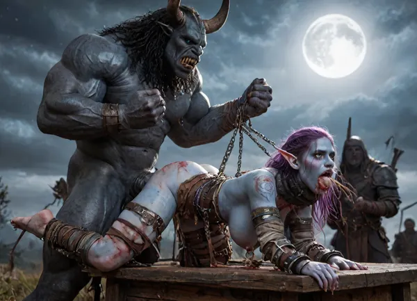 ((female drow elf barbarian, (dark night blue skin:1.82), tall, angry, busty, curvy, thin waist, big boobs, big butt, slim, fit, vitiligo, strong, fur pelt armor, dungeons and dragons, purplish blue skin, black and purple hair)), Dark, Elf, Warrior, Drow, tattooed, scarred, purple eyes, blue skin, amazon, giant, fur barbarian armor, bloody, blood spatter, bear, bear heart, (in a bloody filed after a battle, white full moon in the sky:1.4), (large heavy nipple rings:1.5), (leg spreader bar:1.2), (man is choking her from behind:1.4), ((hogtied, bound with large chains, tied to a torture table:1.3)), cock in mouth, (brutal face fuck), Blowjob, (tears in eyes:1.5), (running makeup), (cum drips from nose:1.3), (cum drips from mouth:1.3), ultra hd, photorealistic, hyper gigantic large black cock in mouth, (((hyper gigantic large black cock in mouth:1.3))), oral cream pie, hair grab, sad, sad crying, tongue out, gasping for air, zavy-brbrn, gangbang, double anal penetration, anal spitroast, groupsex, deepthroat, (4 gigantic African black brute thug, huge trunklike arms, huge head, hyper muscular body, dressed in slave clothes:1.36), (gigantic African black brute thug, gangbang, double anal, anal spit roast, double penetration:1.14), ((hogtied, bound for sex, tied up)), (((hyper gigantic large white cock in mouth:1.3))), (pulled nipples:1.2), nipple clamps, (((spit roast))), (((hyper large cock in mouth:1.3))), screaming, shocked, deep anal penetration, Uber realistic, 8k, ultra detailed, masterpiece, 35mm photograph, film, professional, 4k, 1girl, 5 boys, hdr, photographic, ultra realistic, ultra high details, back light, (front view), (dynamic pose), best quality, anal sex, with large muscular black men, gargantuan black cocks, anal sex expansion, large hyper muscular fat old men, (double anal sex), swollen white veiny cocks, (double anal penetration), hardcore double penetration, proper physics, big white cocks, muscular white double anal gangbang, (forceful penetrations), extremely graphic, shocked expression, beautiful hands, massive cum in ass defeating a woman in combat, fighting, killing, blood, winning fight, magazine cover, Realism_Quality_2xx_By_Stable_Yogi, score_9, score_8_up, score_7_up, (((very pretty face:1.3))), (((extremely ultra detailed face:1.3))), perfect fingers and hands, upper body view, (extreme size difference:1.6), (ultra realistic), (maximum quality), (high resolution), (extreme detail), (ultra realism), UHD, super high quality, highly detailed, high resolution, perfect lighting, natural lighting, (dynamic angle), (random angle), (random pose), (dynamic view), (random view), volumetric lighting, golden hour lighting, dramatic shadows, nature-inspired color palette, <lora:Dark_Elf_Warrior:2>, <lora:Drow:2>, <lora:339100_training_data:2>, <lora:zavy-brbrn-sdxl:2>, <lora:LCMTurboMix_Euler_A_fix:2>