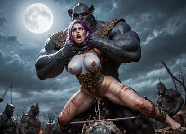 ((female drow elf barbarian, (dark night blue skin:1.82), tall, angry, busty, curvy, thin waist, big boobs, big butt, slim, fit, vitiligo, strong, fur pelt armor, dungeons and dragons, purplish blue skin, black and purple hair)), Dark, Elf, Warrior, Drow, tattooed, scarred, purple eyes, blue skin, amazon, giant, fur barbarian armor, bloody, blood spatter, bear, bear heart, (in a bloody filed after a battle, white full moon in the sky:1.4), (large heavy nipple rings:1.5), (leg spreader bar:1.2), (man is choking her from behind:1.4), ((hogtied, bound with large chains, tied to a torture table:1.3)), cock in mouth, (brutal face fuck), Blowjob, (tears in eyes:1.5), (running makeup), (cum drips from nose:1.3), (cum drips from mouth:1.3), ultra hd, photorealistic, hyper gigantic large black cock in mouth, (((hyper gigantic large black cock in mouth:1.3))), oral cream pie, hair grab, sad, sad crying, tongue out, gasping for air, zavy-brbrn, gangbang, double anal penetration, anal spitroast, groupsex, deepthroat, (4 gigantic African black brute thug, huge trunklike arms, huge head, hyper muscular body, dressed in slave clothes:1.36), (gigantic African black brute thug, gangbang, double anal, anal spit roast, double penetration:1.14), ((hogtied, bound for sex, tied up)), (((hyper gigantic large white cock in mouth:1.3))), (pulled nipples:1.2), nipple clamps, (((spit roast))), (((hyper large cock in mouth:1.3))), screaming, shocked, deep anal penetration, Uber realistic, 8k, ultra detailed, masterpiece, 35mm photograph, film, professional, 4k, 1girl, 5 boys, hdr, photographic, ultra realistic, ultra high details, back light, (front view), (dynamic pose), best quality, anal sex, with large muscular black men, gargantuan black cocks, anal sex expansion, large hyper muscular fat old men, (double anal sex), swollen white veiny cocks, (double anal penetration), hardcore double penetration, proper physics, big white cocks, muscular white double anal gangbang, (forceful penetrations), extremely graphic, shocked expression, beautiful hands, massive cum in ass defeating a woman in combat, fighting, killing, blood, winning fight, magazine cover, Realism_Quality_2xx_By_Stable_Yogi, score_9, score_8_up, score_7_up, (((very pretty face:1.3))), (((extremely ultra detailed face:1.3))), perfect fingers and hands, upper body view, (extreme size difference:1.6), (ultra realistic), (maximum quality), (high resolution), (extreme detail), (ultra realism), UHD, super high quality, highly detailed, high resolution, perfect lighting, natural lighting, (dynamic angle), (random angle), (random pose), (dynamic view), (random view), volumetric lighting, golden hour lighting, dramatic shadows, nature-inspired color palette, <lora:Dark_Elf_Warrior:2>, <lora:Drow:2>, <lora:339100_training_data:2>, <lora:zavy-brbrn-sdxl:2>, <lora:LCMTurboMix_Euler_A_fix:2>