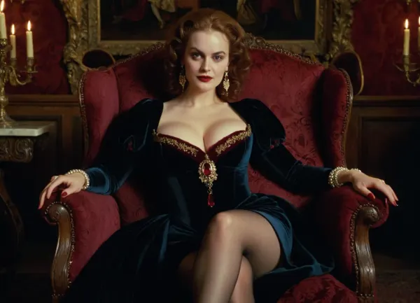 8k, masterpiece, Cinematic style of Stanley Kubrick's Barry Lyndon, dramatic candlelit lighting, medium shot portrait of a busty vampire girl, wearing an elaborate 18th century burgundy velvet gown with deep decollete and thigh-high slit revealing her pale graceful legs, intricate gold embroidery, pearl jewelry, pale porcelain skin, crimson lips, piercing red eyes, friendly smile, reclining in chair, holding a crystal glass of blood-red wine, grand Gothic castle interior with dark tapestries and antique furniture, chiaroscuro lighting, atmospheric, photorealistic, <lora:Kubrick_FLUX:.8>
