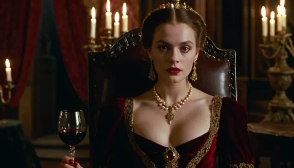 8k, masterpiece, Cinematic style of Stanley Kubrick's Barry Lyndon, dramatic candlelit lighting, medium shot portrait of a beautiful vampire girl, wearing an elaborate 18th century burgundy velvet gown with deep decollete and thigh-high slit revealing her pale graceful legs, intricate gold embroidery, pearl jewelry, pale porcelain skin, crimson lips, piercing red eyes, mysterious smirk, sitting in chair, holding a crystal glass of blood-red wine, grand Gothic castle interior with dark tapestries and antique furniture, chiaroscuro lighting, atmospheric, photorealistic, <lora:Kubrick_FLUX:.8>
