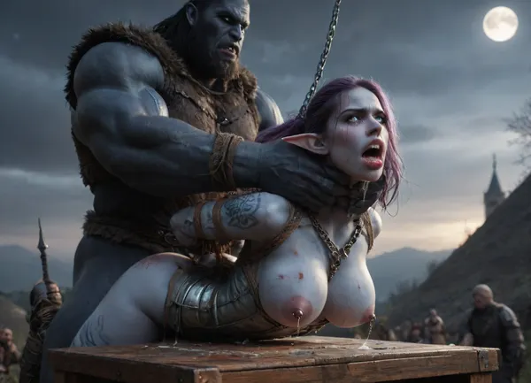 ((female drow elf barbarian, (dark night blue skin:1.82), tall, angry, busty, curvy, thin waist, big boobs, big butt, slim, athletic, fit, vitiligo, strong, fur pelt armor, dungeons and dragons, purplish blue skin, black and purple hair, Dark, Elf, Warrior, Drow, tattooed, scarred, purple eyes, uberfit, muscular, blue skin, amazon, giant, fur barbarian armor)), bloody, blood spatter, bear, bear heart, (in a bloody filed after a battle, white full moon in the sky:1.4), (man is choking her from behind:1.4), ((hogtied, bound with large chains, tied to a torture table:1.3)), cock in mouth, (brutal face fuck), Blowjob, (tears in eyes:1.5), (running makeup), (cum drips from nose:1.3), (cum drips from mouth:1.3), ultra hd, photorealistic, hyper gigantic large black cock in mouth, (((hyper gigantic large black cock in mouth:1.3))), oral cream pie, hair grab, sad, sad crying, tongue out, gasping for air, zavy-brbrn, gangbang, double anal penetration, anal spitroast, groupsex, deepthroat, (4 gigantic African black brute thug, huge trunklike arms, huge head, hyper muscular body, dressed in slave clothes:1.32), ((hogtied, bound for sex, tied up)), (eyes wide open in horror:1.72), (wide mouth spreader:1.8), (pleading expression:1.56), (terrified:1.48), (crying:1.48), (fear and panic:1.56), (pulled nipples:1.2), nipple clamps, (((anal spit roast))), (((hyper large cock in mouth:1.3))), shocked, deep anal penetration, Uber realistic, 8k, ultra detailed, masterpiece, arched back, detailxl, 35mm photograph, film, professional, 4k, 1girl, 5 boys, hdr, photographic, ultra realistic, ultra high details, back light, best quality, with large muscular black men, gargantuan black cocks, anal sex expansion, large hyper muscular fat old men, (double anal sex), swollen white veiny cocks, (double anal penetration), hardcore double penetration, proper physics, big white cocks, muscular white double anal gangbang, (forceful penetrations), extremely graphic, shocked expression, beautiful hands, massive cum in ass, defeating a woman in combat, fighting, killing, blood, winning fight, magazine cover, Realism_Quality_2xx_By_Stable_Yogi, score_9, score_8_up, score_7_up, (((very pretty face:1.3))), (((extremely ultra detailed face:1.3))), perfect fingers and hands, upper body view, (extreme size difference:1.12), (ultra realistic), (maximum quality), (high resolution), (extreme detail), (ultra realism), UHD, super high quality, highly detailed, high resolution, perfect lighting, natural lighting, (dynamic pose), (dynamic angle), (random angle), (random pose), (dynamic view), (random view), volumetric lighting, golden hour lighting, dramatic shadows, rich details, nature-inspired color palette, <lora:Dark_Elf_Warrior:2>, <lora:Drow:2>, <lora:339100_training_data:2>, <lora:uberfit_lora_sdxl:2>, <lora:zavy-brbrn-sdxl:2>