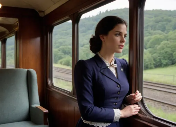 score_9_up, score_8_up, score_7_up, Best quality, masterpiece, high resolution, Railway tracks, Steam locomotive nearly, Steel bridge, Victoria time, a milf wears Victoria outfits, sit inside the compartment, looking out train window