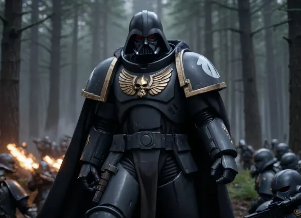 Darth Vader in a black space marine's power armor on the battlefield, fighting against Wookiee in the Star Wars forest, Knight, black colourful armor, symbol of the Palpatine Empire on one shoulder pad, black hooded cloak, holding, bolter, power, primaris, helmet, defeated Wookiees in the background, <lora:primaris_marine-knight_armor-000007:.8>
