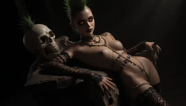1girl solo, (23y.o gorgeous latina:1.5), beautiful face, black eyeliner, black lipstick, gothic girl, tattoos, macabre, (black and green spiked mohawk:1.3), 12 inch hair spikes, nude, (black lace thigh high leggings:1.1), (black lace arm sleeves:1.1), (waist chain with skulls:1.3), thick black leather choker with small chain attached, (small natural perky tits:1.5), large erect nipples, nipple rings, (pubic hair:1.1), (underground catacomb:1.8), (glowing red eyes in the background:1.3), dim ambient lighting, eerie atmosphere, full body view, dark color palette, intricate detail, best quality, extreme detail, award winning photography, extreme photorealism, H0t, G0th1c, 1girl, lipstick, female, piercing, underground, overfit, style, (overfit, style:2), <lora:dark:1.4>, <lora:Hot_Gothic:1.8>, <lora:EasyFix:2>