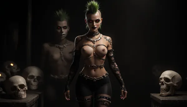1girl solo, (23y.o gorgeous latina:1.5), beautiful face, black eyeliner, black lipstick, gothic girl, tattoos, macabre, (black and green spiked mohawk:1.3), 12 inch hair spikes, nude, (black lace thigh high leggings:1.1), (black lace arm sleeves:1.1), (waist chain with skulls:1.3), thick black leather choker with small chain attached, (small natural perky tits:1.5), large erect nipples, nipple rings, (pubic hair:1.1), (underground catacomb:1.8), (glowing red eyes in the background:1.3), dim ambient lighting, eerie atmosphere, full body view, dark color palette, intricate detail, best quality, extreme detail, award winning photography, extreme photorealism, H0t, G0th1c, 1girl, lipstick, female, piercing, underground, overfit, style, (overfit, style:2), (style:4), PUT, OVERFIT, STYLE, IN, NEGATIVE, PROMPT>, <lora:dark:1.4>, <lora:Hot_Gothic:1.8>, <lora:EasyFix:2>